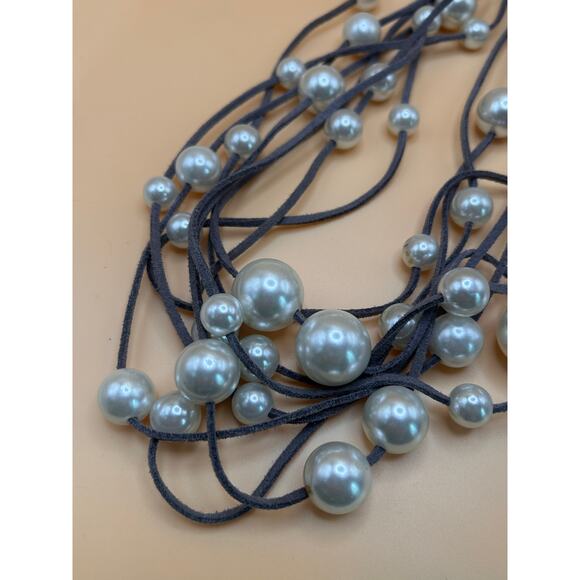 Layered Faux Pearl Necklace on Charcoal Grey Suede – 8 Strand, 32” - Picture 2 of 3